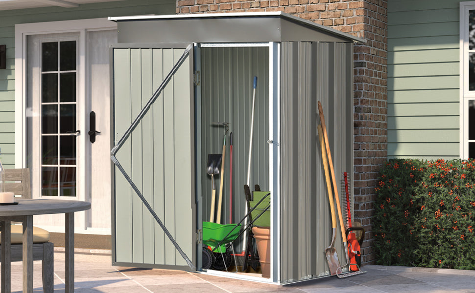 Patio 5ft Wx3ft. L Garden Shed, Metal Lean-to Storage Shed with Lockable Door, Tool Cabinet for Backyard, Lawn, Garden, Gray