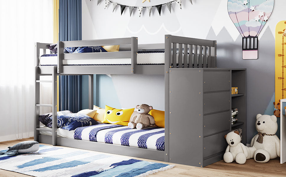 Space-Saving Gray Twin Bunk Bed with Storage and Built-in Shelves for Twin over Twin Configuration