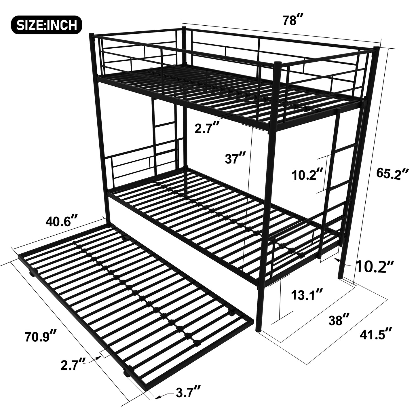 Enhanced Metal Bunk Bed Frame with Trundle - Twin Over Twin (Sturdy Version)