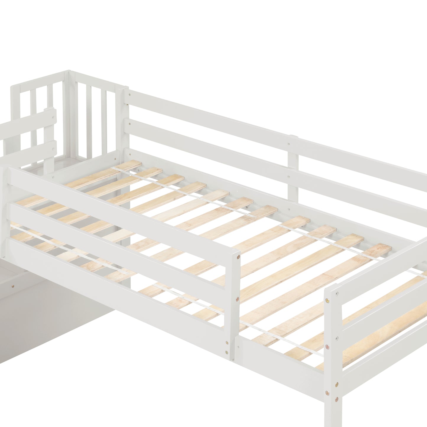 Loft Bed with Staircase, Storage, Slide, Twin size, Full-length Safety Guardrails, No Box Spring Needed, White