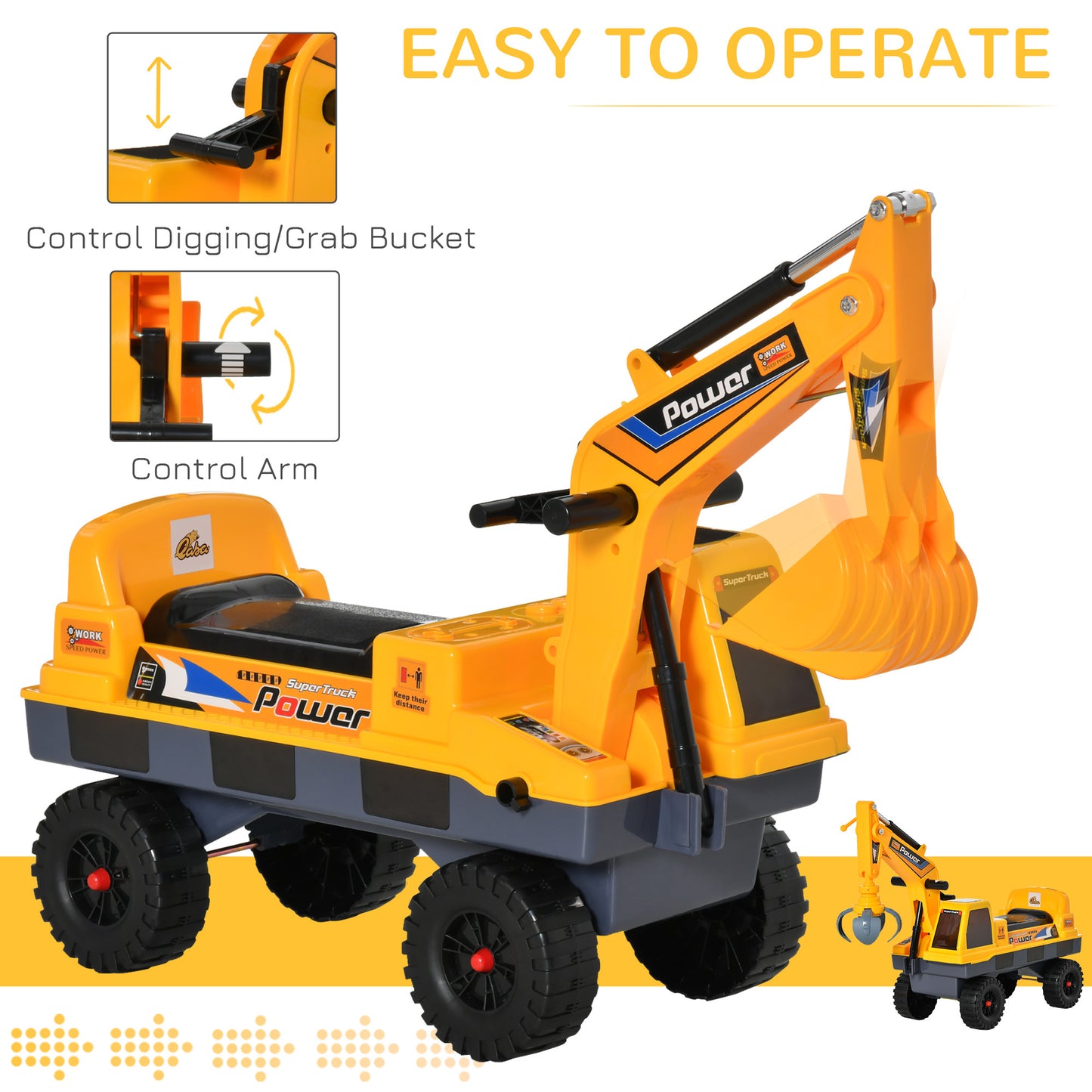 No Power 2 in 1 Ride On Excavator with Helmet and Claw, Construction Truck Set, Multi-Functional Digger with Storage, Light and Music, Yellow