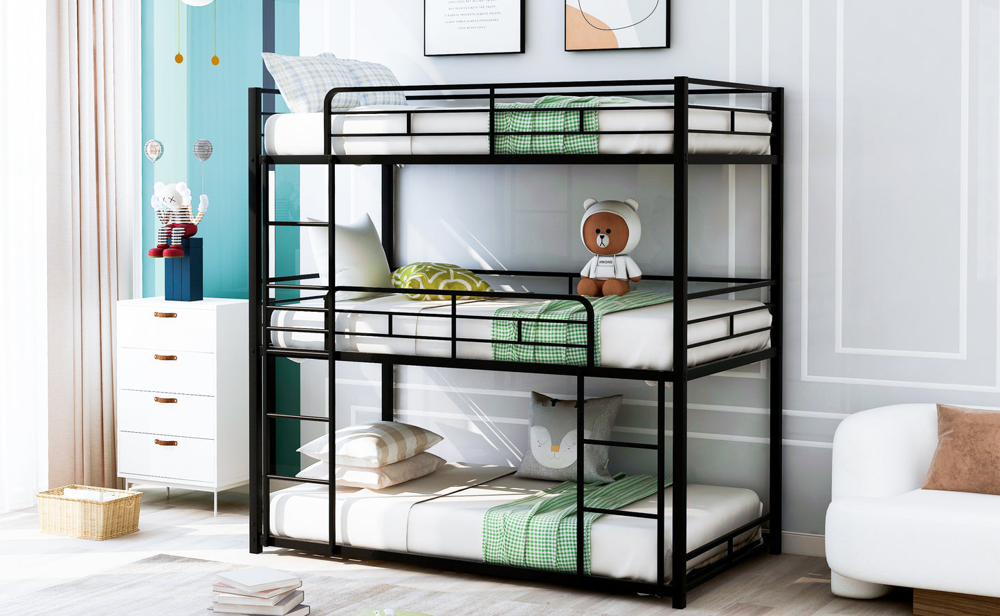 Sleek Black Metal Triple Bunk Bed with Twin Size