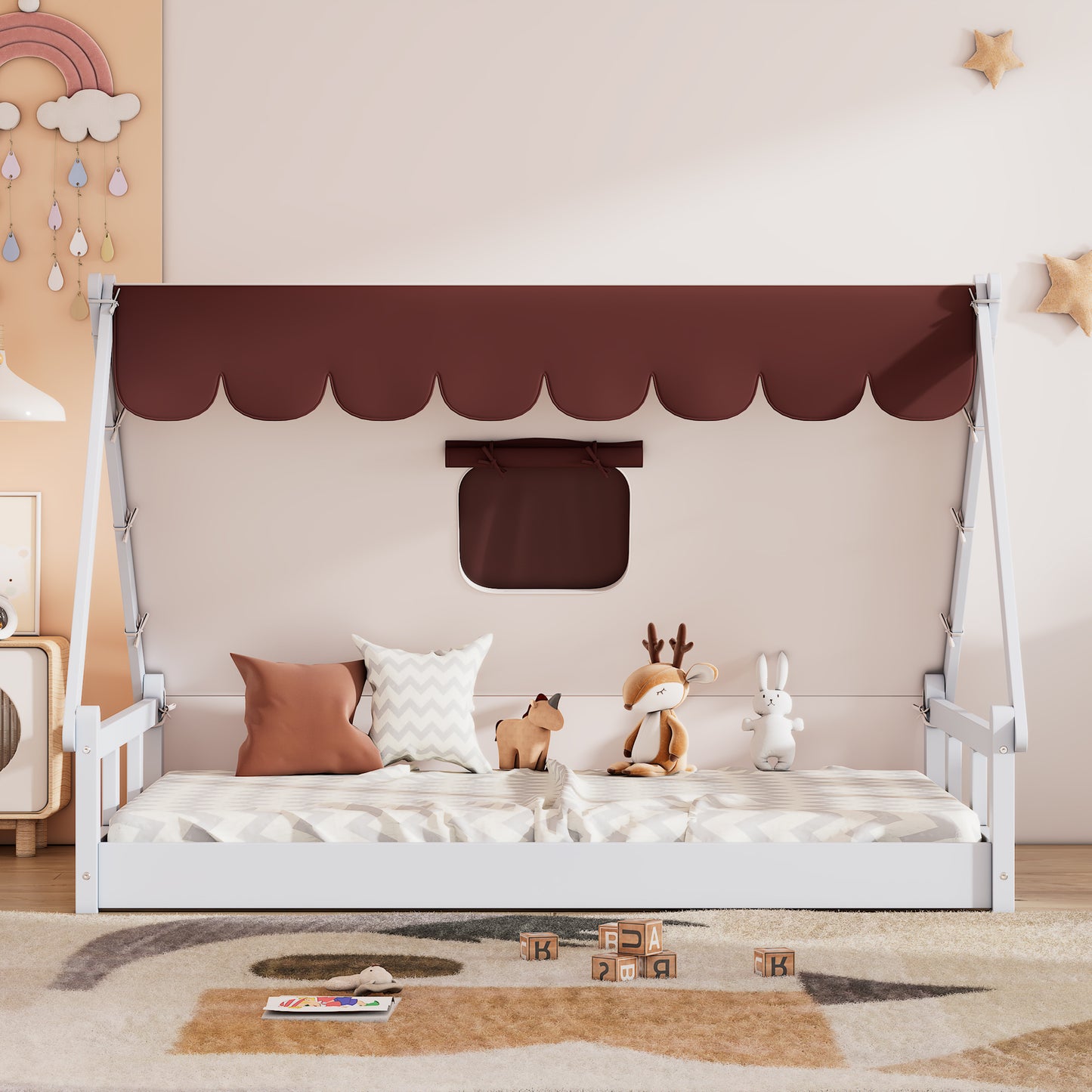 Wooden Full Size Tent Bed with Fabric for Kids,Platform Bed with Fence and Roof, White+Brown