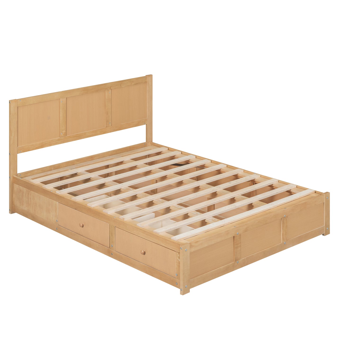 Full Size Wood Platform Bed with Underneath Storage and 2 Drawers, Wood Color