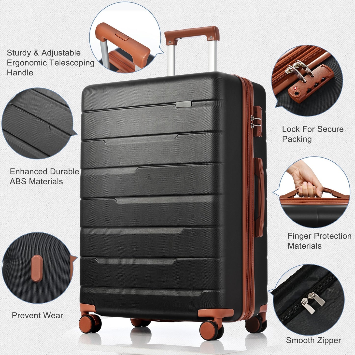 Luggage Sets 3 Piece Suitcase Set 20/24/28,Carry on Luggage Airline Approved,Hard Case with Spinner Wheels,Black and Brown