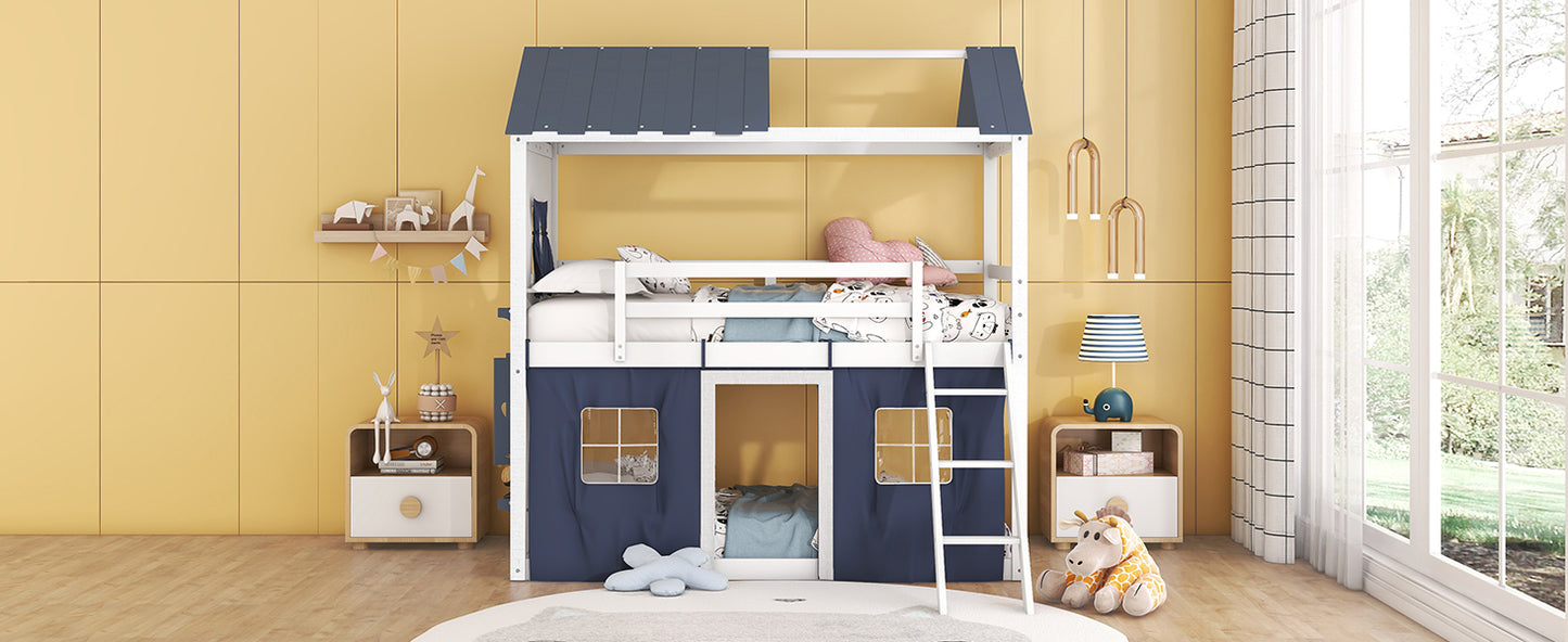 Twin Size Bunk Wood House Bed with Elegant Windows, Sills and Tent,  Blue+White