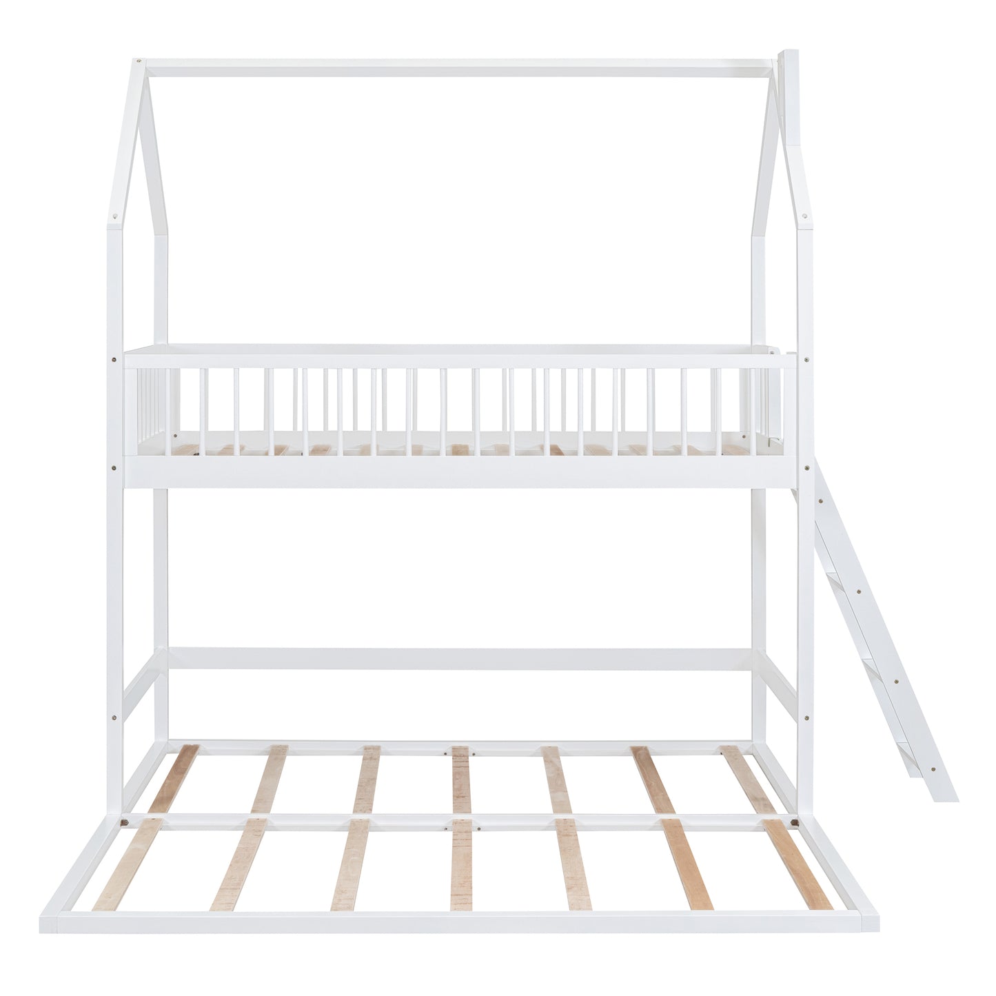 House-Shaped Twin Bunk Bed with Trundle, Ladder, and Twin Over Twin Size Sleep Space