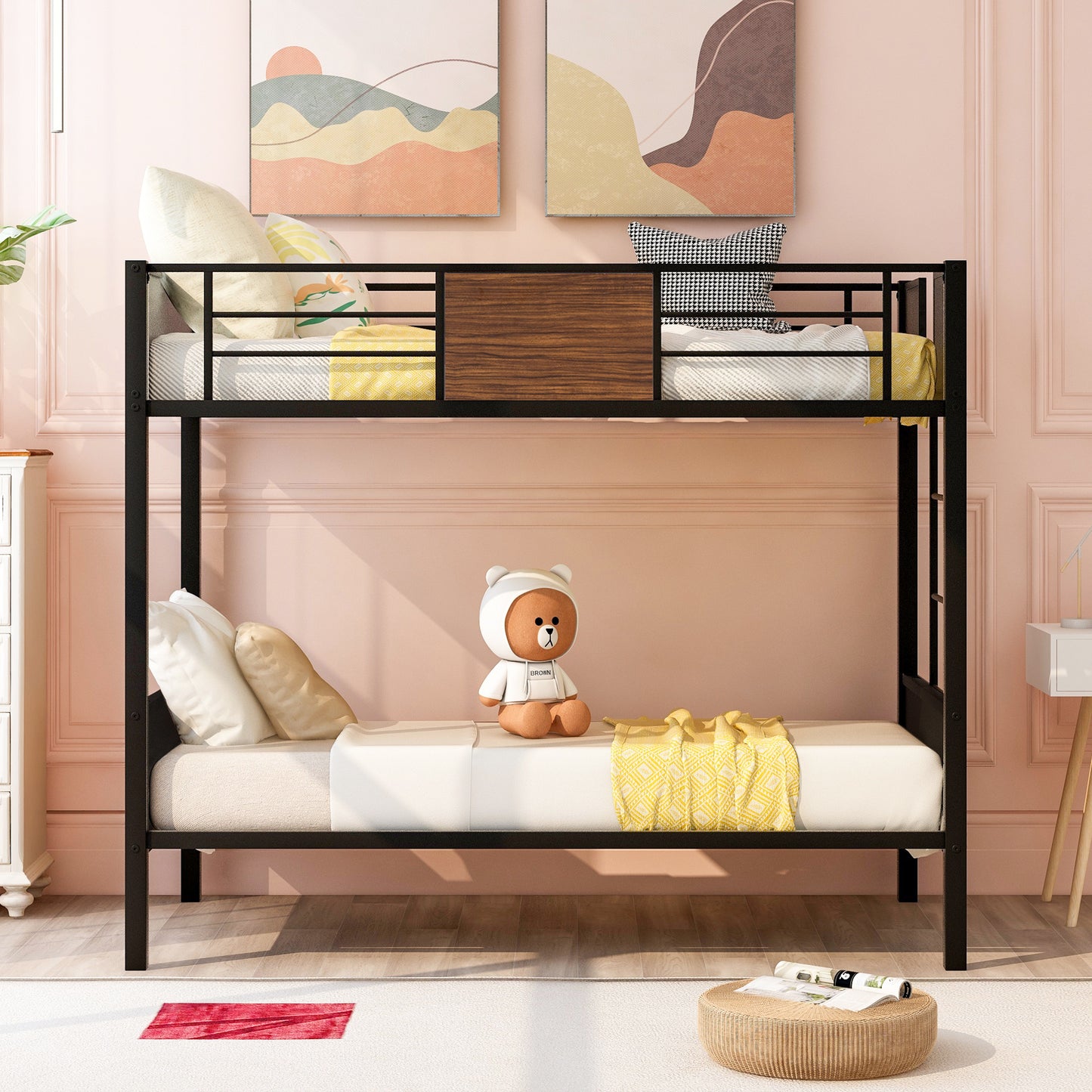 Steel Frame Twin Over Twin Bunk Bed with Safety Rail and Ladder for Bedroom, Dorm, Boys, Girls, Adults