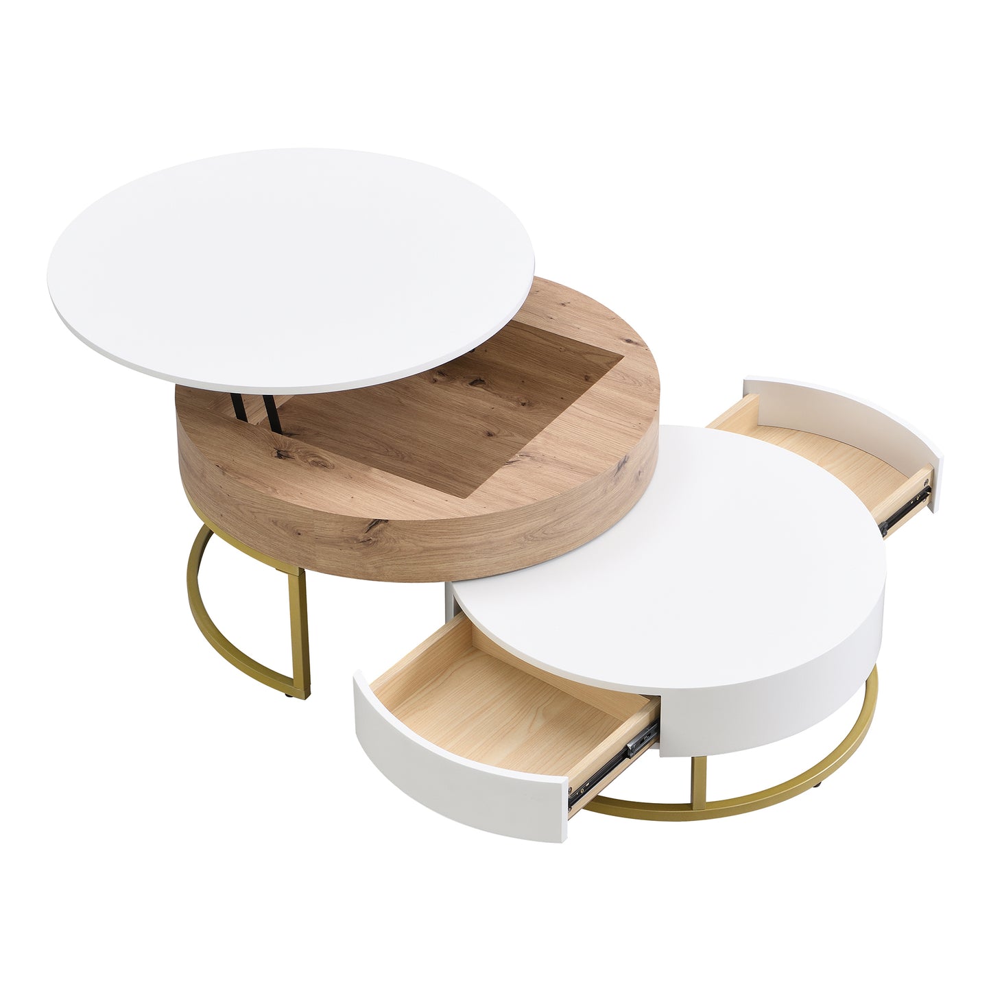 Elegant Lift-Top Coffee Tables Set with Drawers - White & Natural