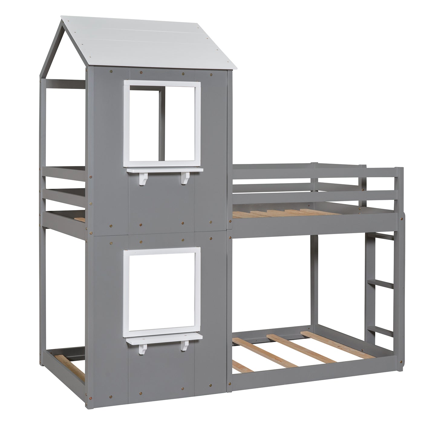 Twin Over Twin Playhouse Bunk Bed with Pitched Roof and Window (White)