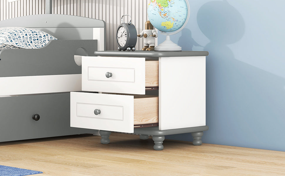 Wooden Nightstand with Two Drawers for Kids,End Table for Bedroom,White+Gray