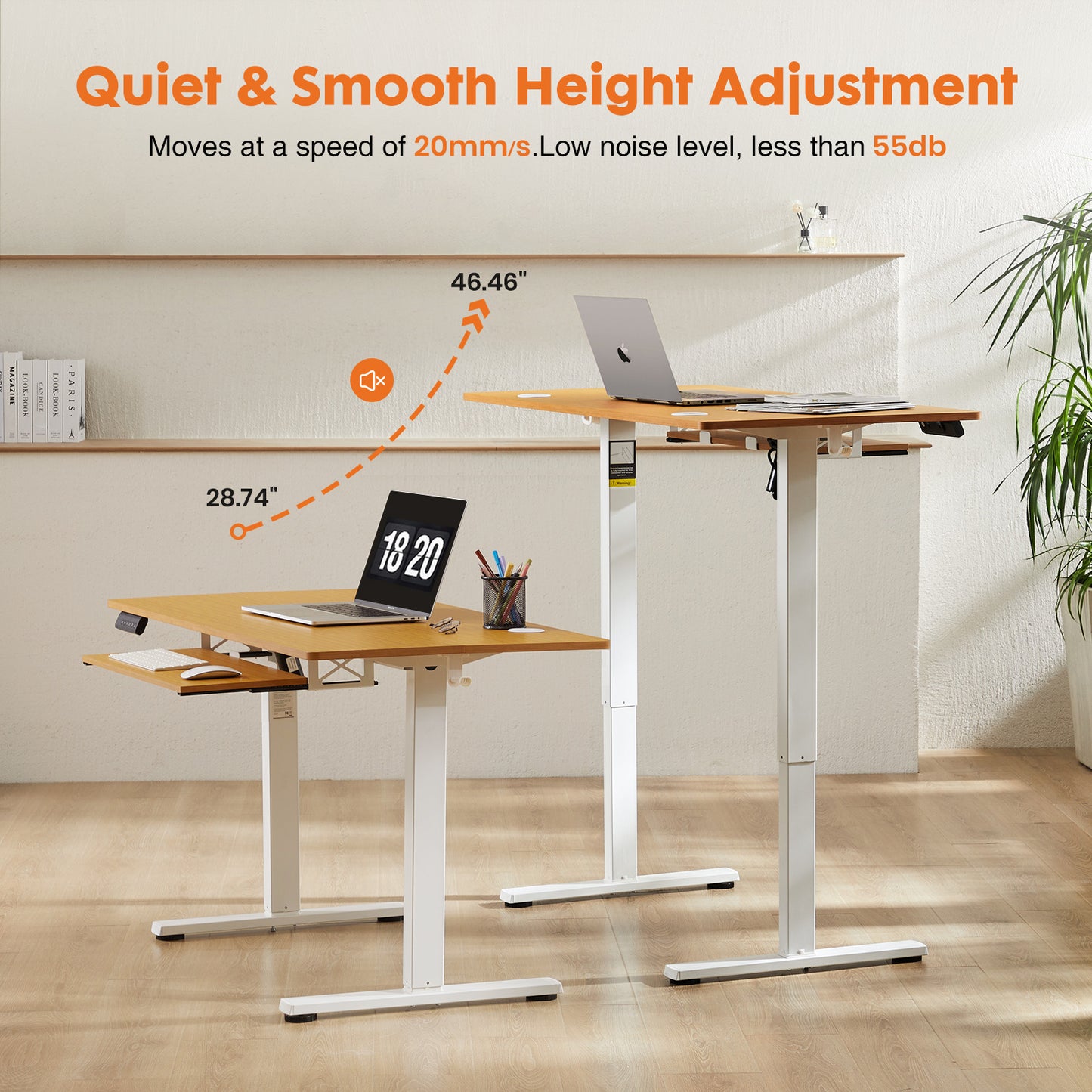 Electric Sit-Stand Desk with Keyboard Tray - Adjustable Height, Natural Wood and Metal Frame, 55 x 24 Inches