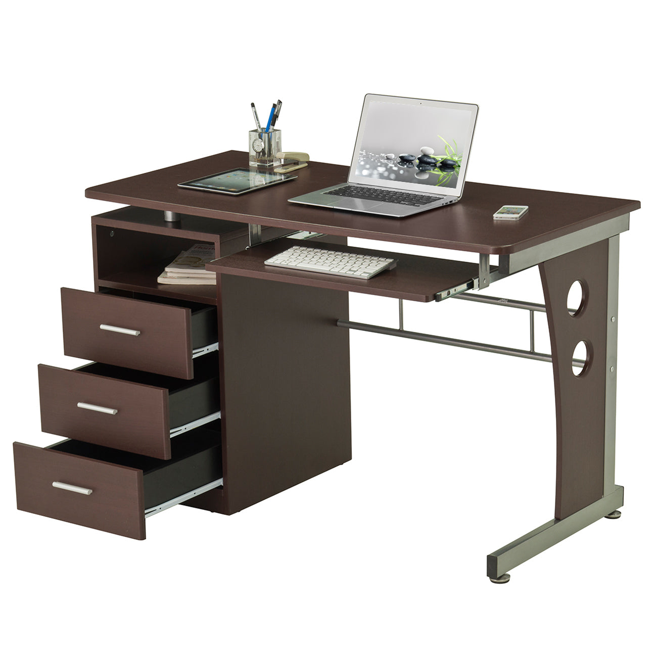 Stylish Chocolate Computer Desk with Spacious Storage