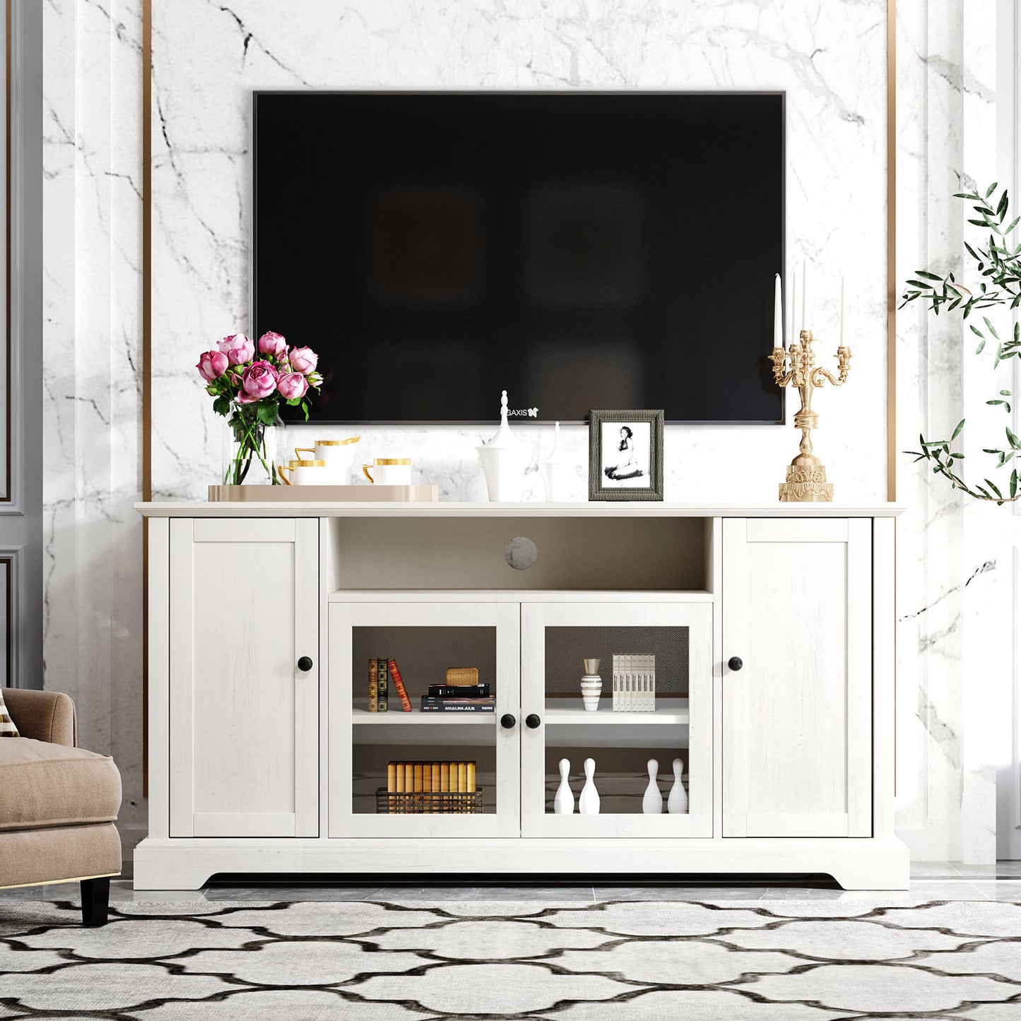 Transitional Highboy TV Stand with Tempered Glass Doors - White