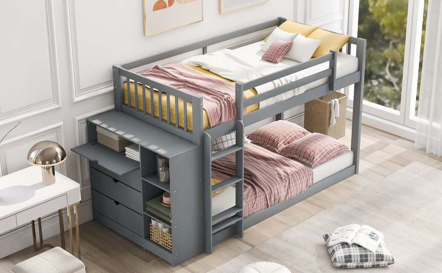 Gray Space-Saving Twin Bunk Bed with Storage Cabinet and Shelves