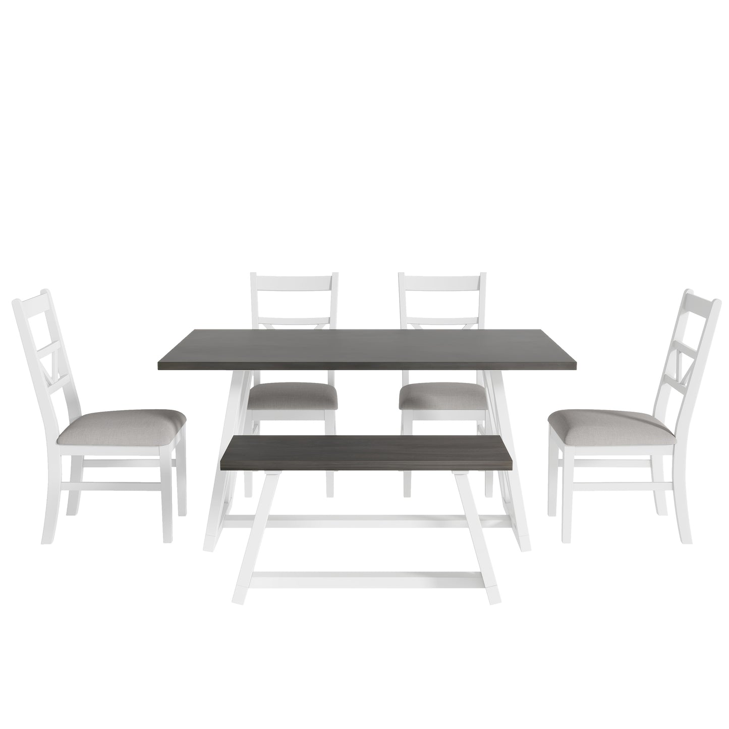 Farmhouse 6-Piece Dining Table Set with Cross Legs, Kitchen Set with 4 Upholstered Dining Chairs and Solid Wood Bench,White