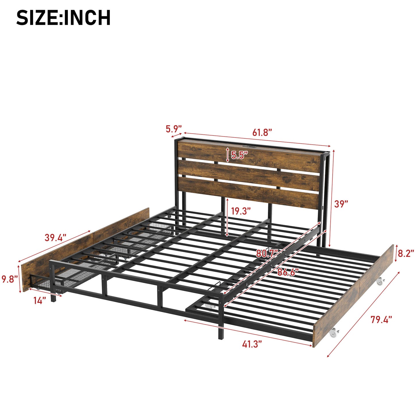 Metal Platform Bed With Drawers and trundle, Sockets and USB Ports, Queen,Black