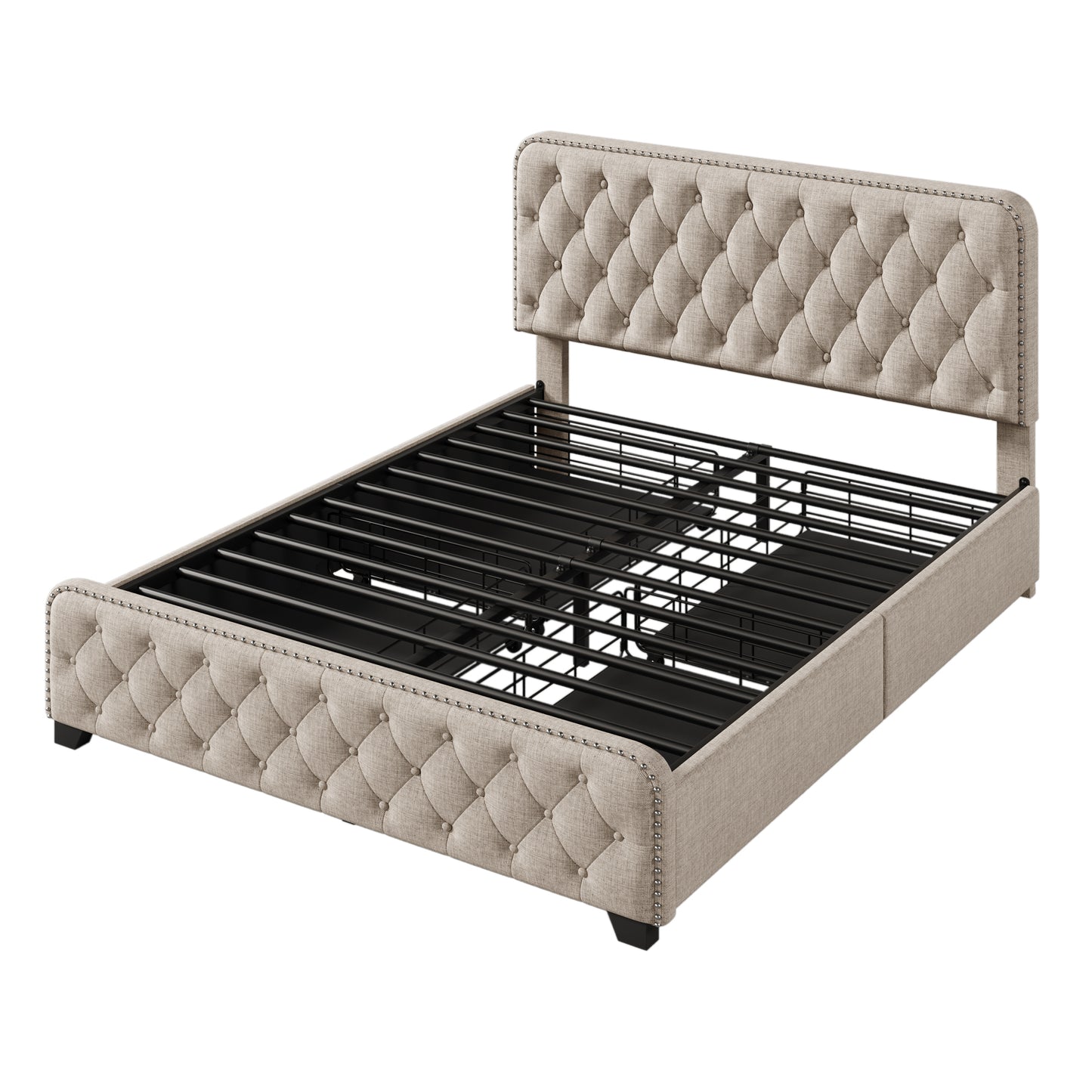 Upholstered Platform Bed Frame with Four Drawers, Button Tufted Headboard and Footboard Sturdy Metal Support, No Box Spring Required, Beige, Queen (Old sku:BS300279AAA)