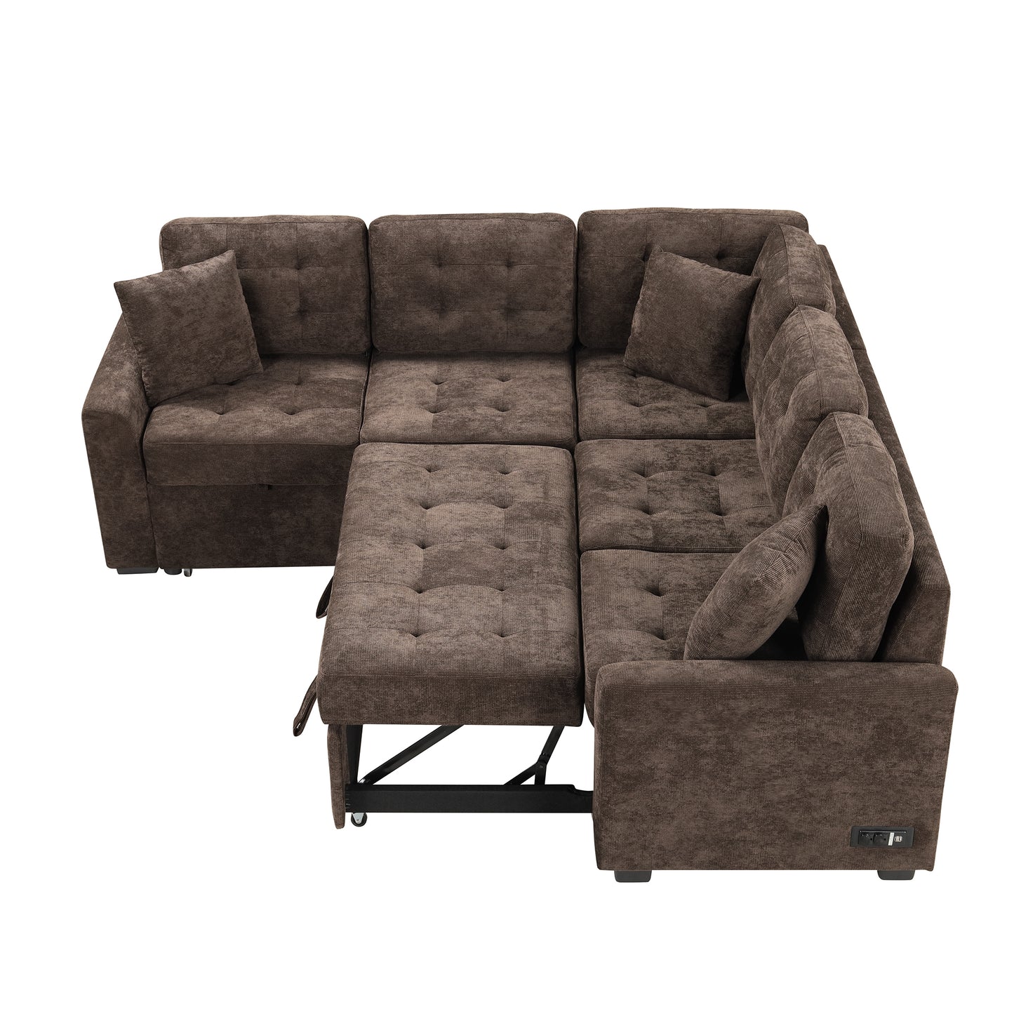 Convertible L-Shape Sleeper Sofa with USB Ports and Power Sockets, Brown