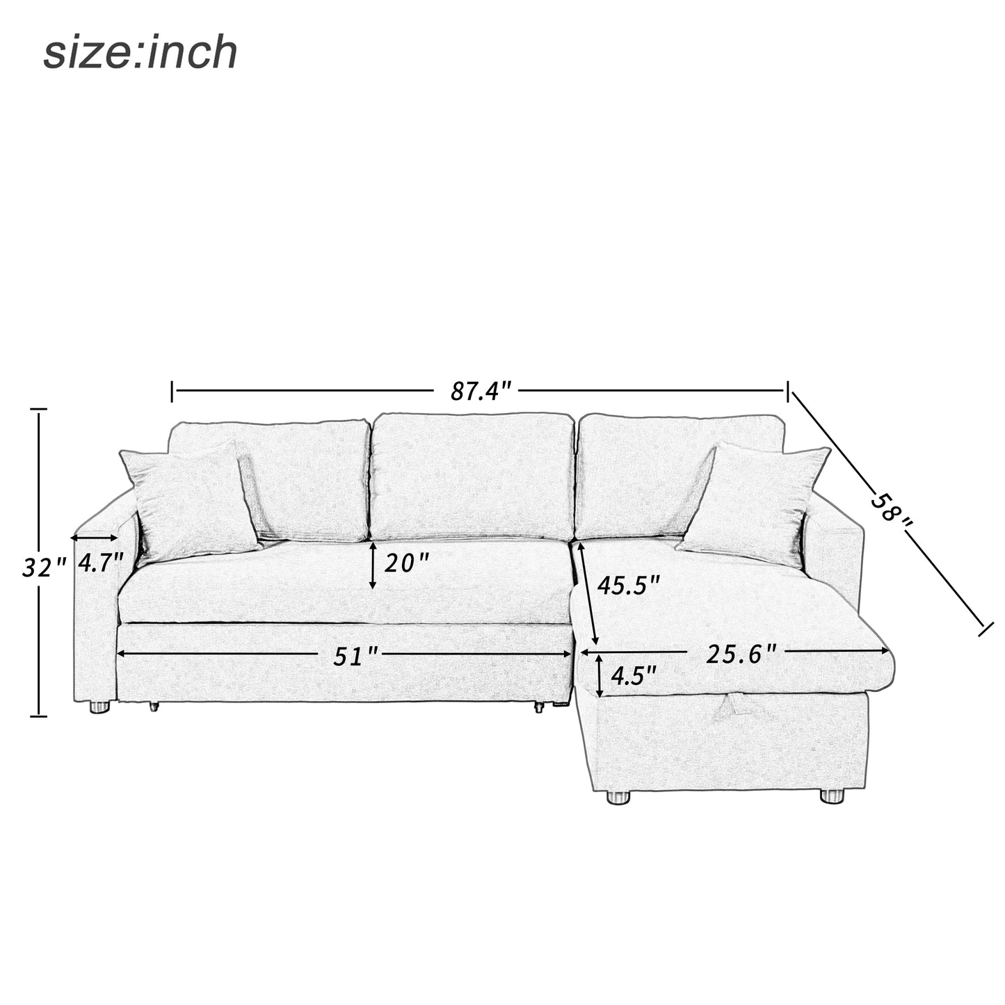 U_STYLE Upholstery  Sleeper Sectional Sofa Grey with Storage Space, 2 Tossing Cushions