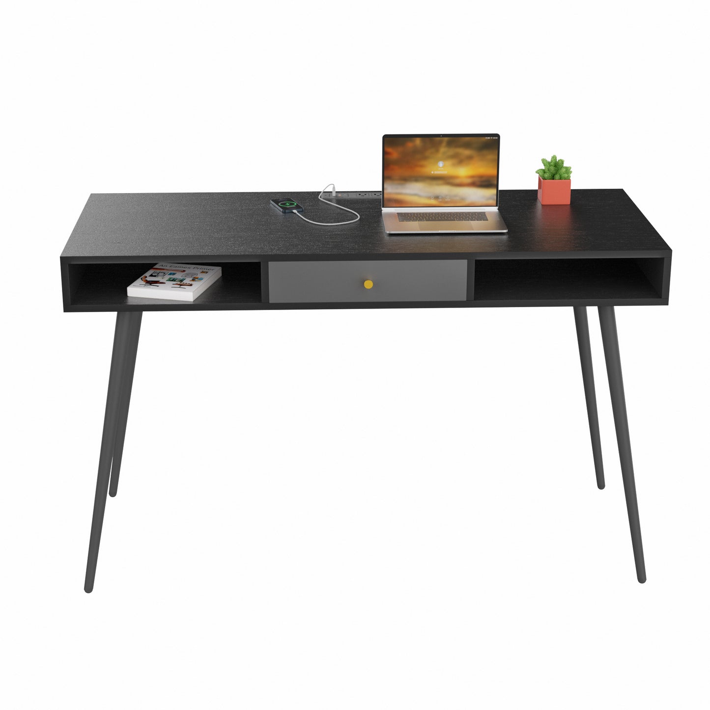 Sleek Black Mid Century Desk with USB Ports, Power Outlet, and Drawers