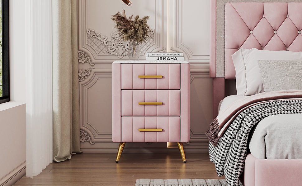 Upholstered Wooden Nightstand with 3 Drawers and Metal Legs&Handles,Fully Assembled Except Legs&Handles,Bedside Table with Marbling Worktop - Pink