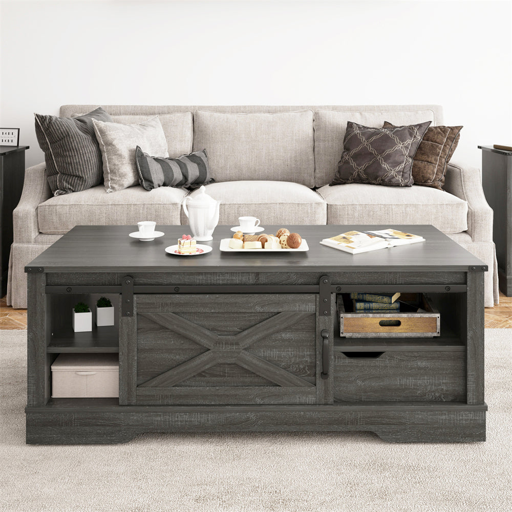 Rustic Gray Wooden Farmhouse Storage Coffee Table with Sliding Barn Door