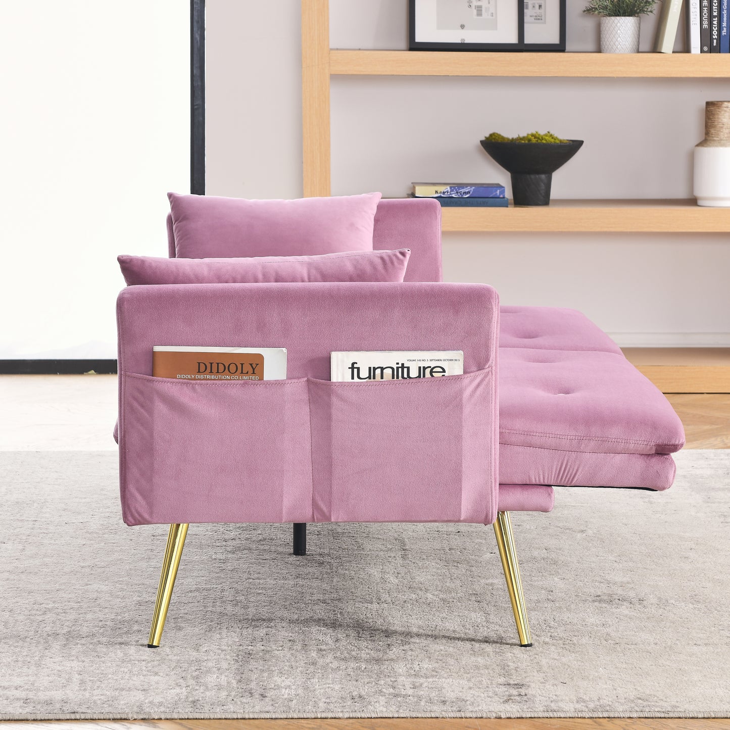 72.5 Pink Velvet Convertible Sofa Bed with Adjustable Backrest