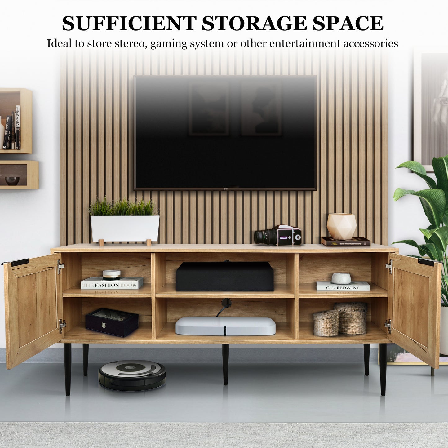 Rattan-Doored Wooden TV Stand with Open Shelves for TVs up to 65 Inches