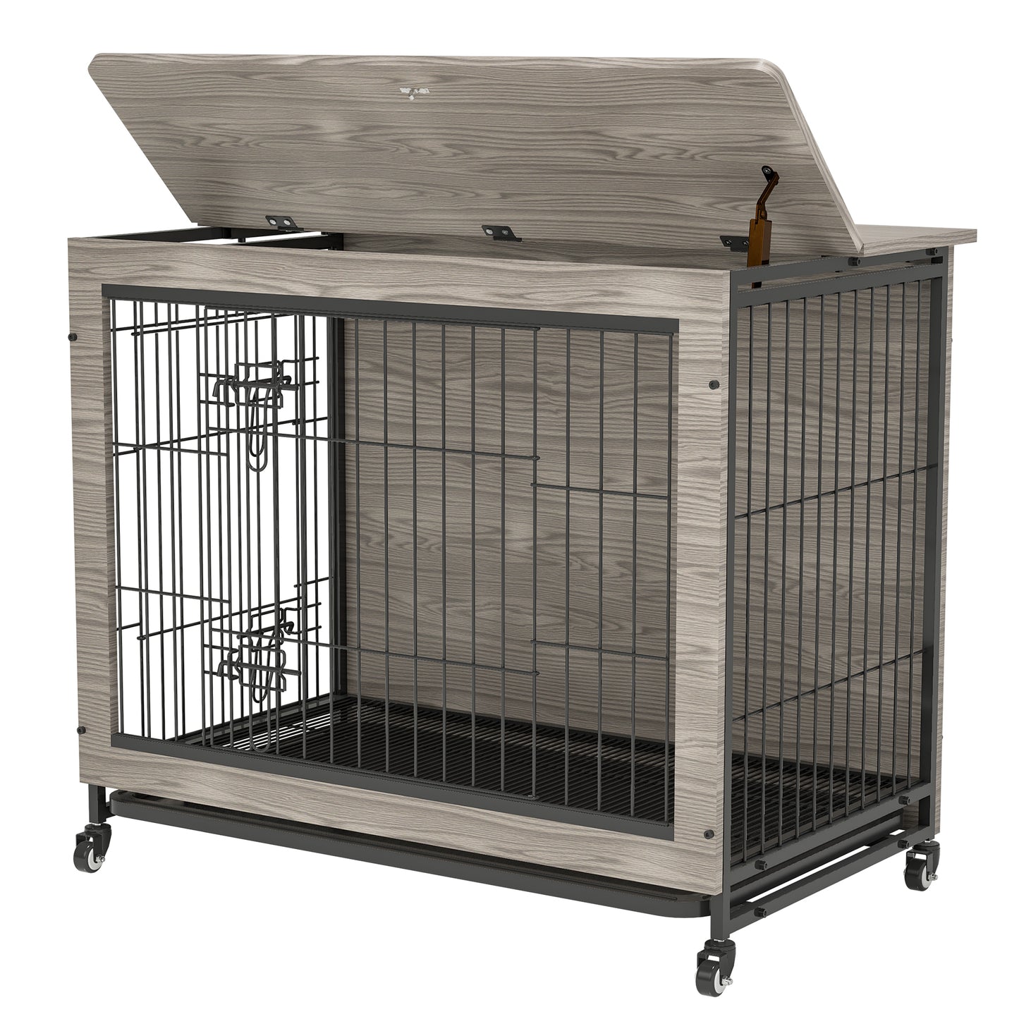 Dog Crate Furniture , 38'' Heavy Duty Wooden Dog Kennel with Double Doors & Flip-Top for Large Dogs, Furniture Style Dog Crate End Table with Wheels, Grey 38.3"L X 23.4"W X 32"H