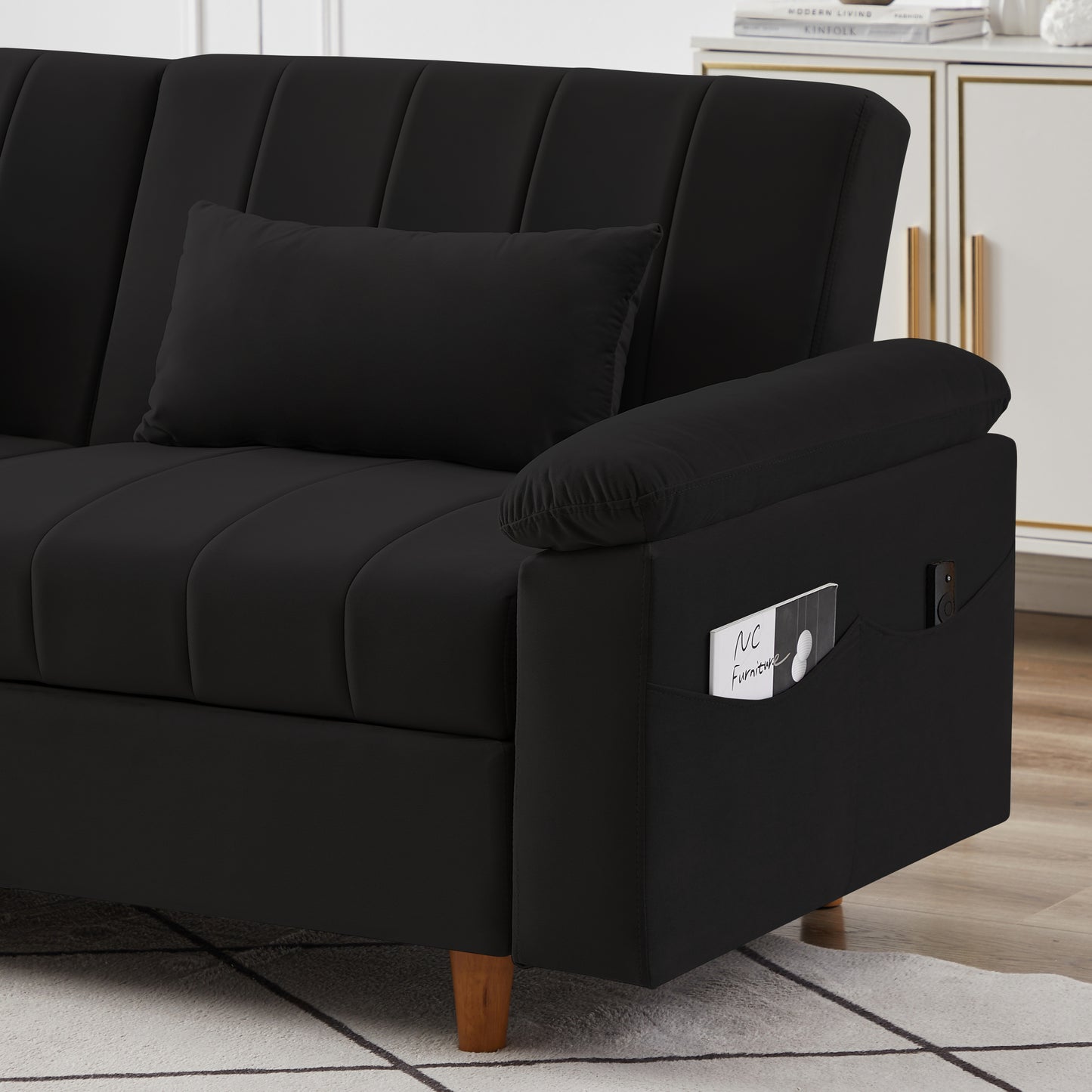 Convertible Comfortable Sleeper Velvet Sofa Couch with Storage for Living Room Bedroom Futon loveseat Sofabed  Black