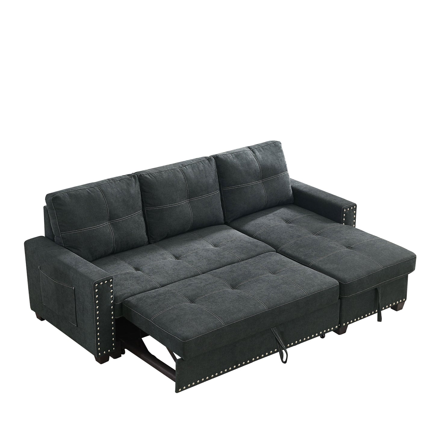 Sleeper Sofa Sectional with Reversible Storage Chaise and Side Storage Bag, Black Fabric, Modern Design