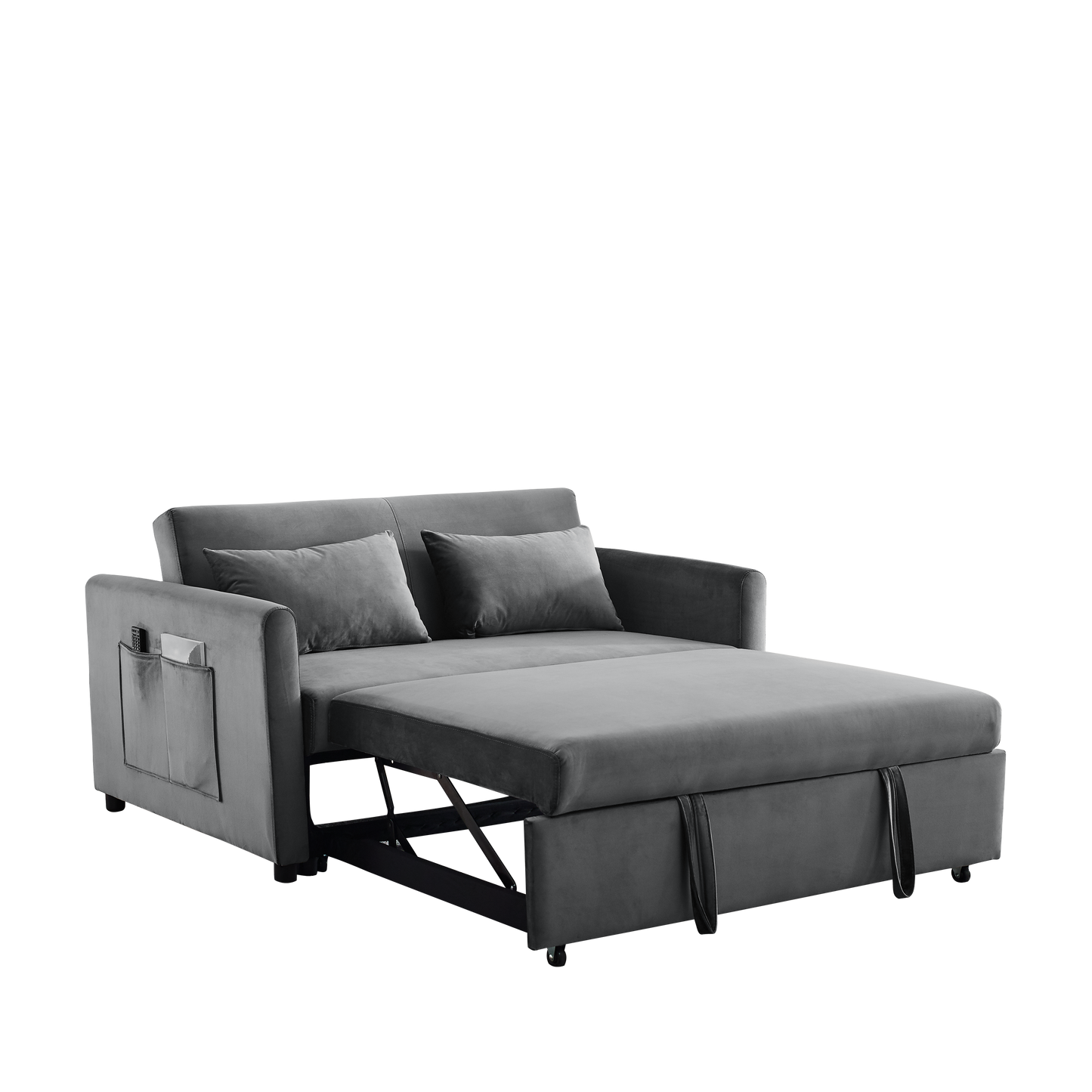 Convertible Sofa Bed, 3-in-1 Versatile Velvet Double Sofa with Pullout Bed, Seat with Adjustable Backrest, Lumbar Pillows, and Living Room Side Pockets, 54 Inch, Grey