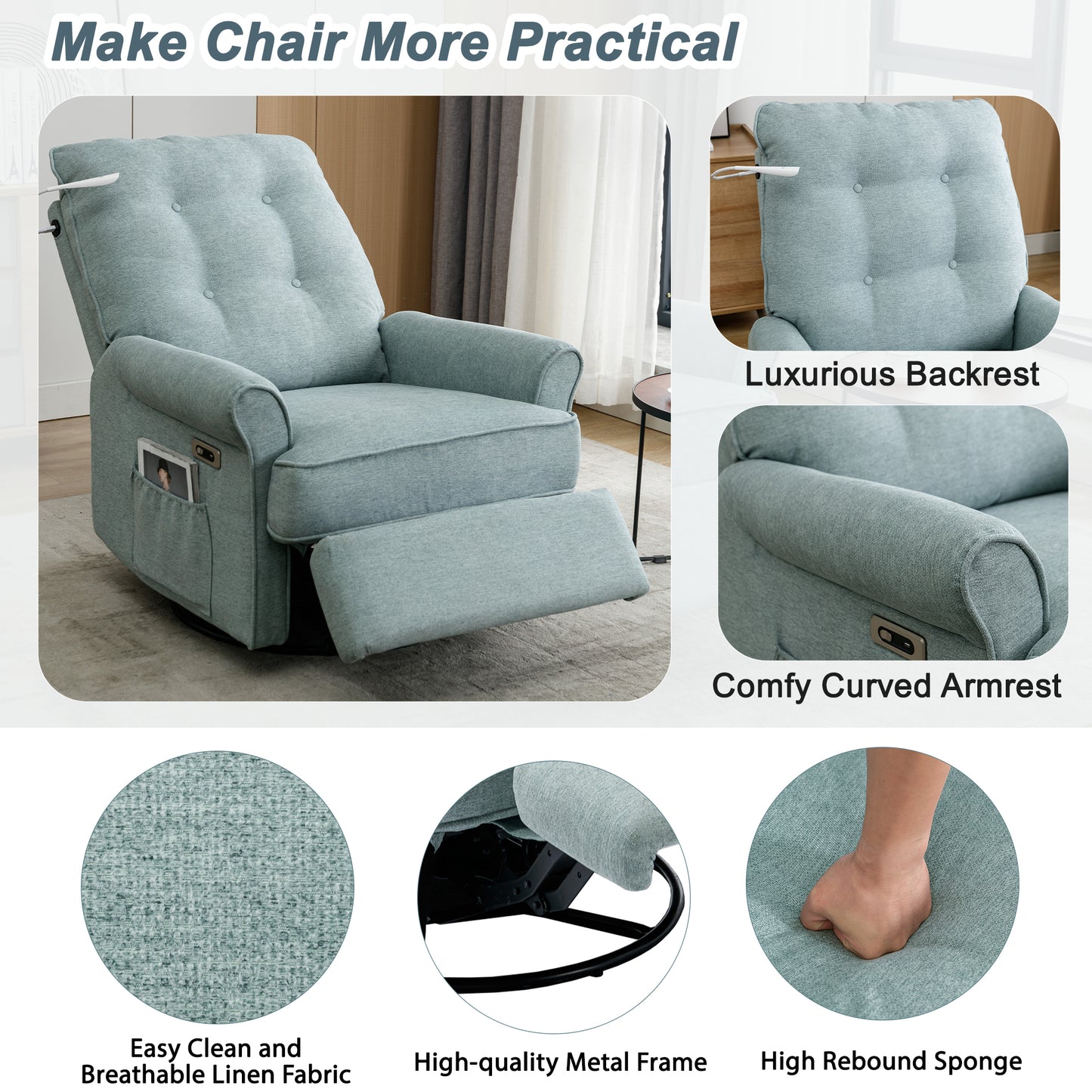 Lotus Green Swivel Recliner Chair with USB Port, Side Pocket, and Touch Sensitive Lamp