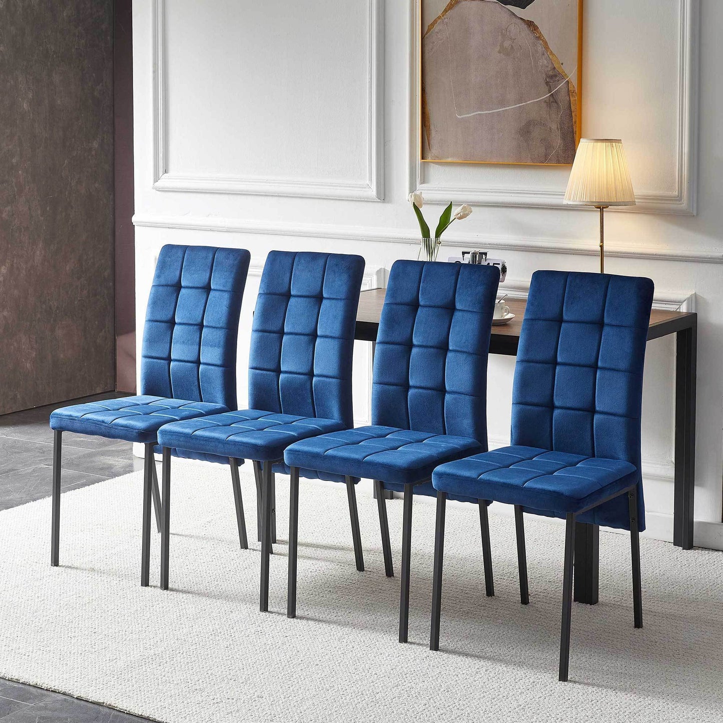 5-Piece Dining Set Including Blue Velvet High Back Nordic Dining Chair & Creative Design MDF Dining Table