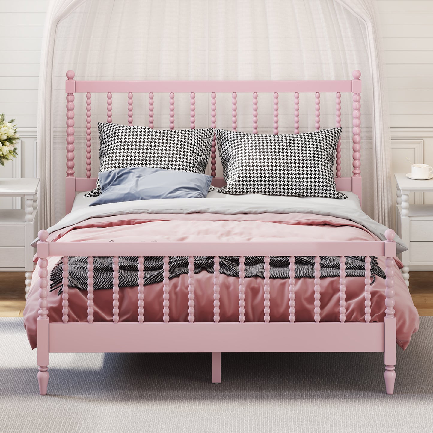 Queen Size Wood Platform Bed with Gourd Shaped Headboard and Footboard,Pink