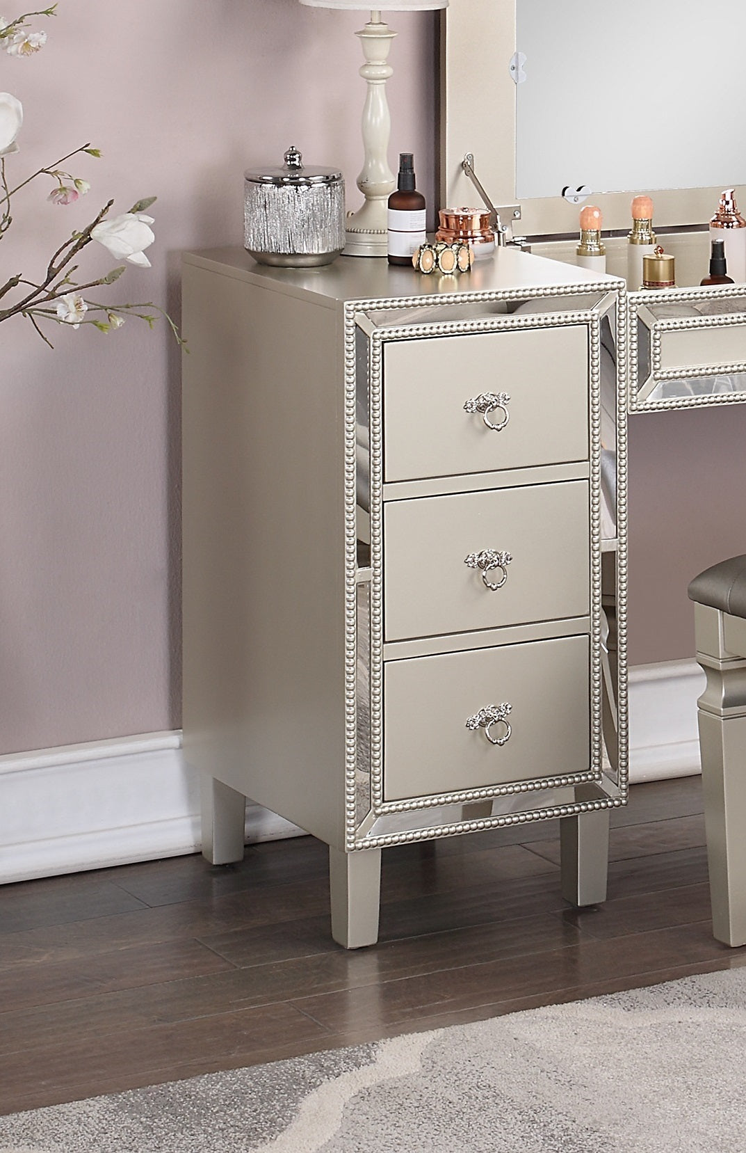 Traditional Formal Silver Color Vanity Set w Stool Storage Drawers 1pc Bedroom Furniture Set Tufted Seat Stool