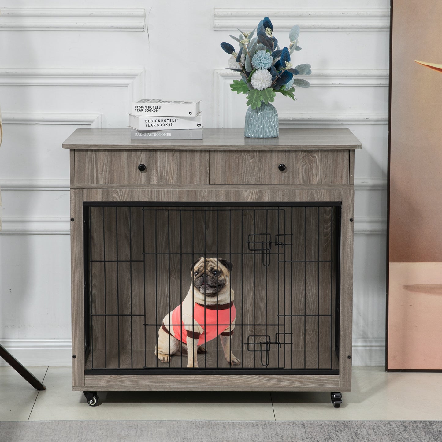 Dog Crate Furniture, Wooden Dog House, Decorative Dog Kennel with Drawer, Indoor Pet Crate End Table for Small Dog, Steel-Tube Dog Cage, Chew-Proof, Grey 31.7" L×23.2" W×33" H