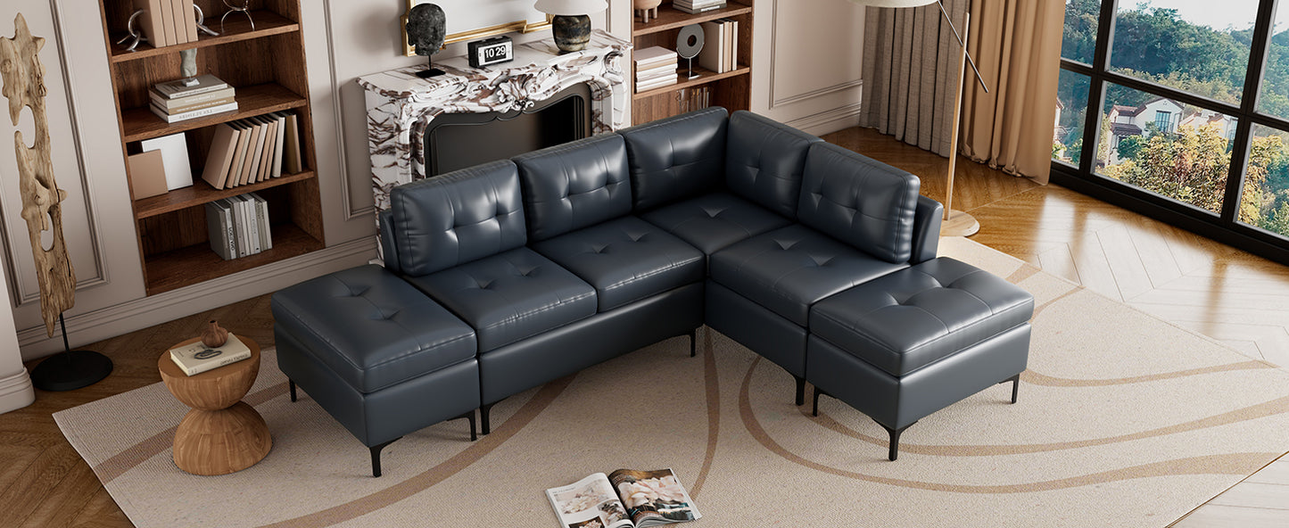 Blue L-Shaped Sectional Sofa Set with Movable Storage Ottomans