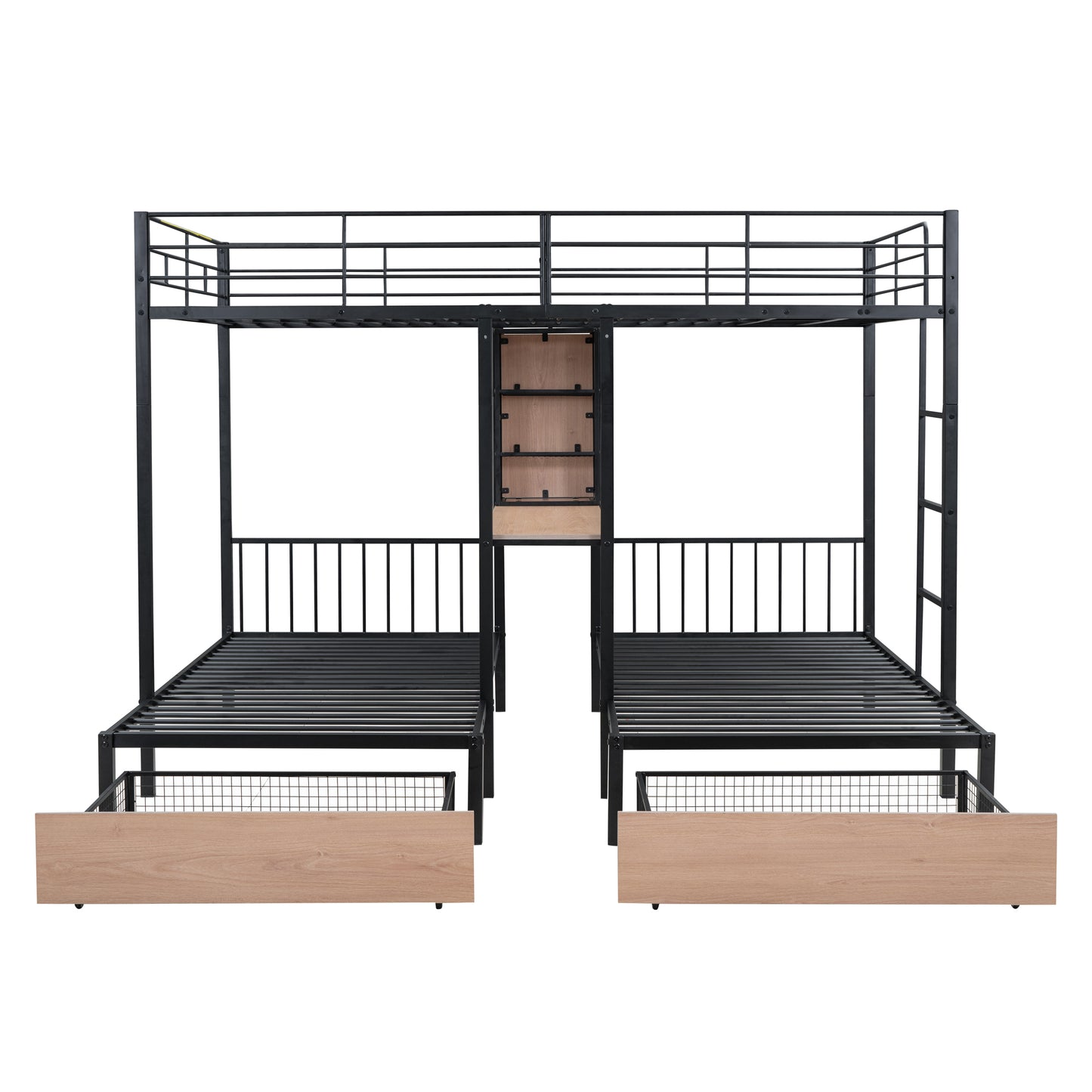 Full Over Twin & Twin Bunk Bed with Desks, Shelves, and Drawers in Black Metal Frame