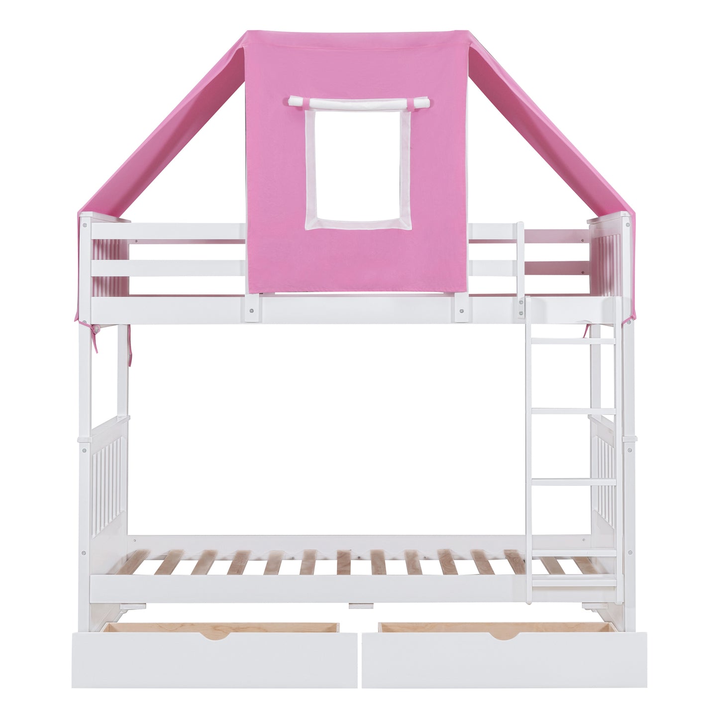 White and Pink Spacious Twin Bunk Bed with Playful Tent and Storage