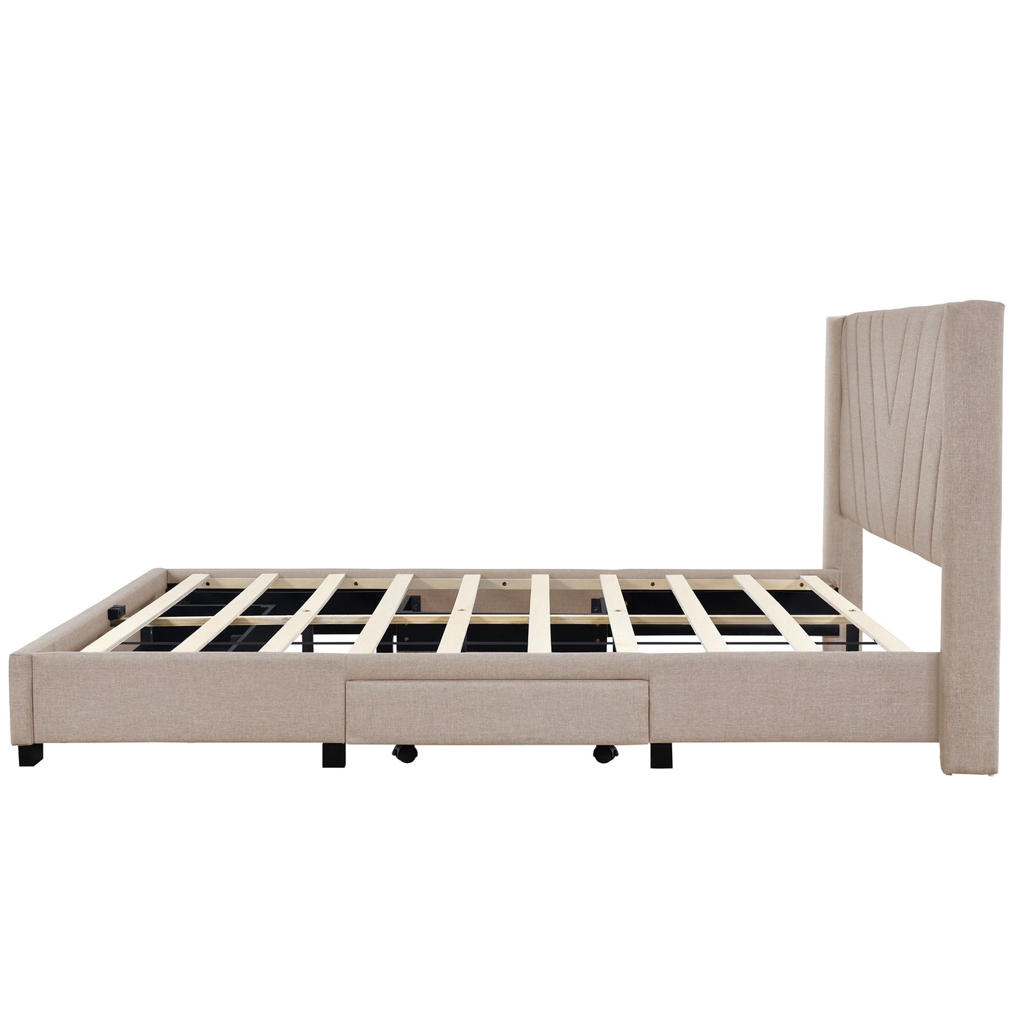 Queen Size Storage Bed Linen Upholstered Platform Bed with 3 Drawers (Beige)