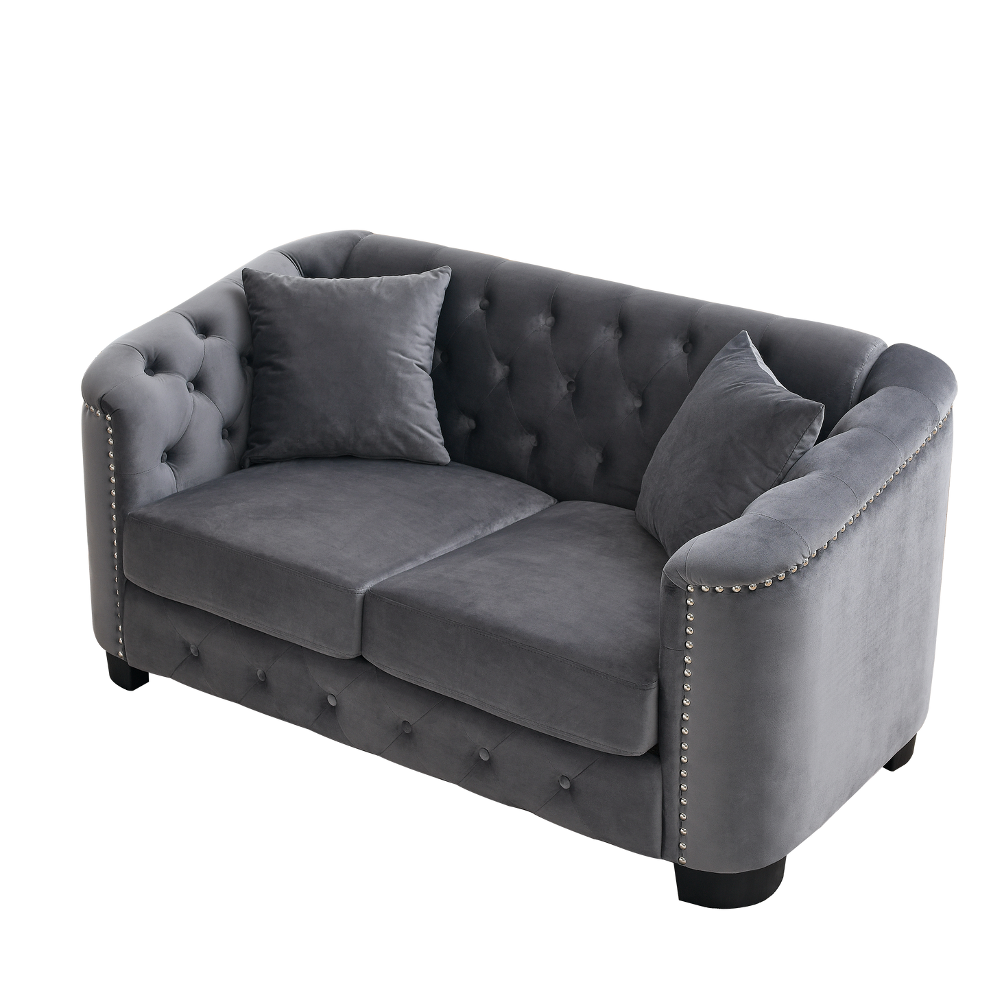 59-Inch Grey Velvet Chesterfield 2-Seater Sofa with Nailhead Arms and 2 Cushions