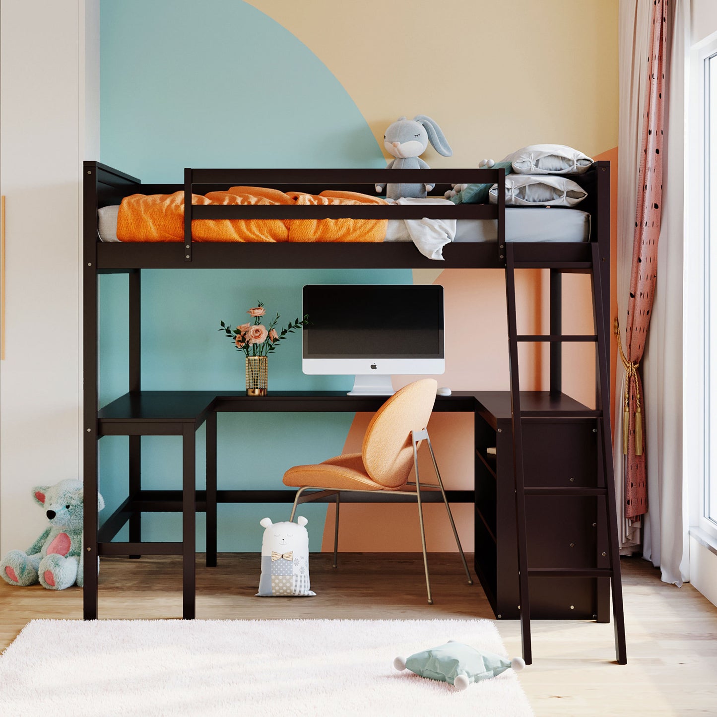 Full size Loft Bed with Shelves and Desk, Wooden Loft Bed with Desk - Espresso