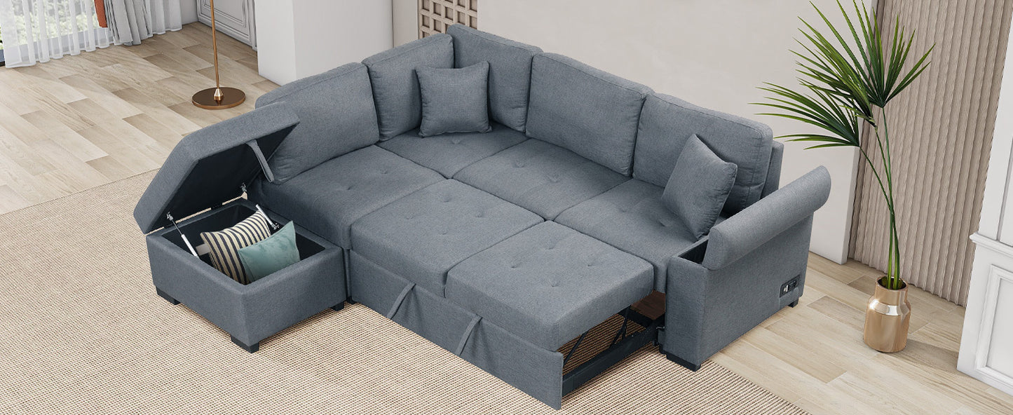 L-Shaped Sleeper Sectional Sofa with Ottoman and USB Charge, Dark Gray