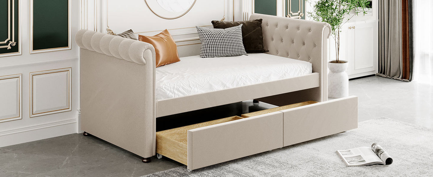 Twin Size Upholstered daybed with Drawers, Wood Slat Support, Beige