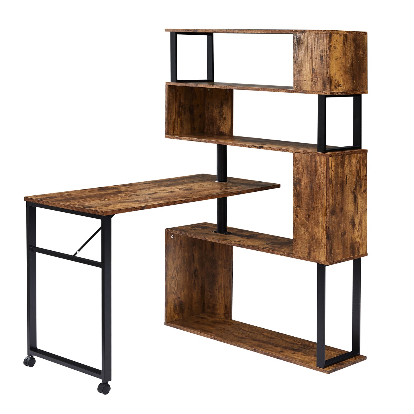 Modern L-Shaped Computer Desk with Rotating Bookshelf - Brown Tiger Wood