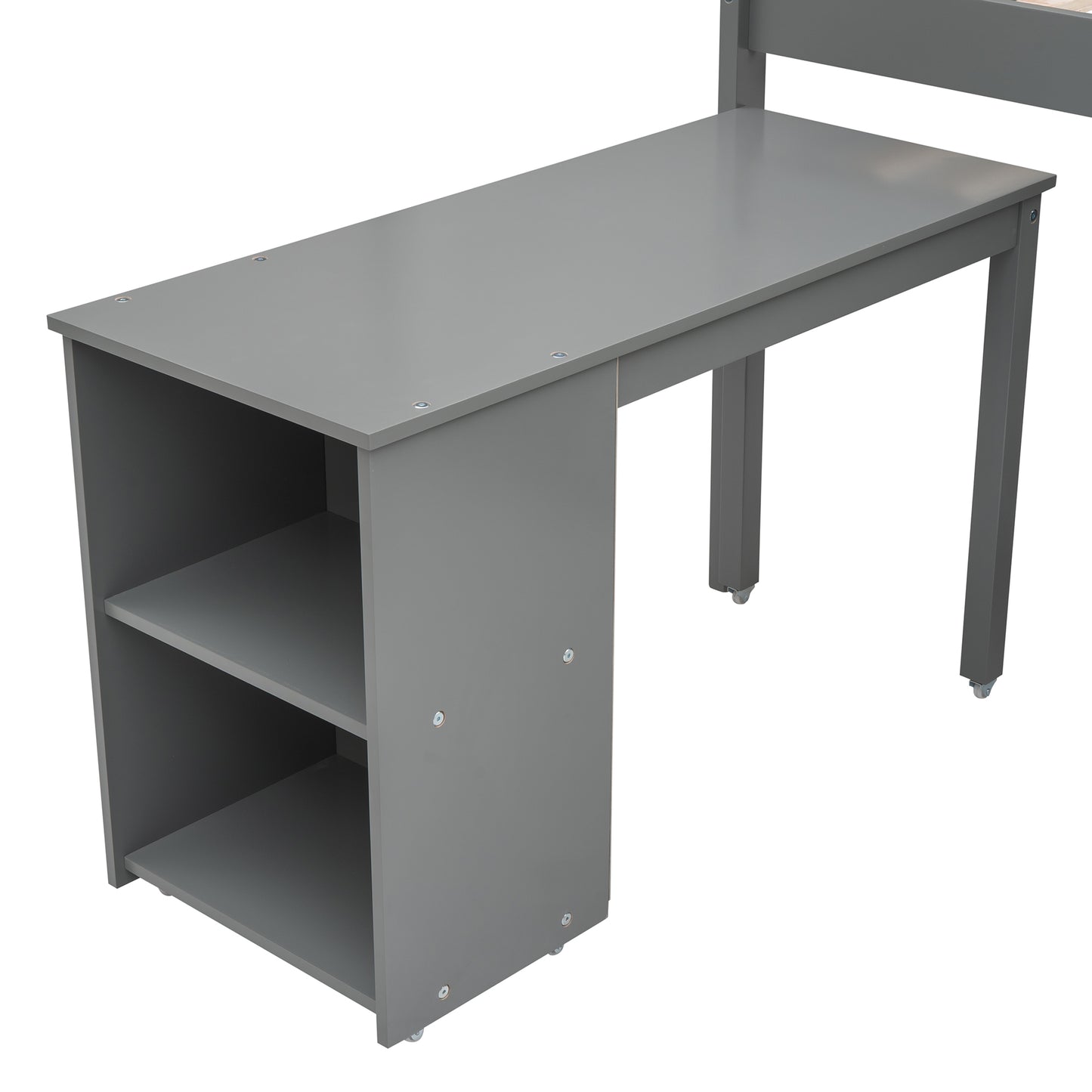 Low Study Twin Loft Bed with Cabinet and Rolling Portable Desk - Gray