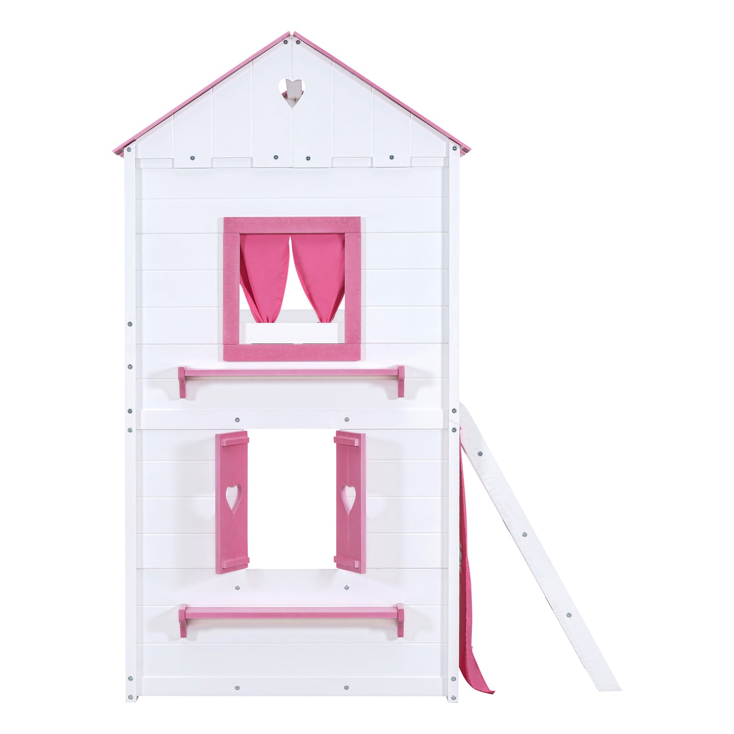 Twin Size Bunk Wood House Bed with Elegant Windows, Sills and Tent, Pink+White