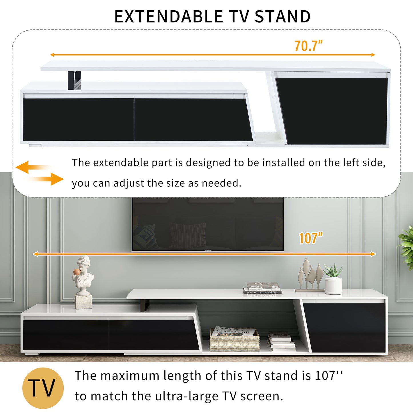 Rectangular Extendable TV Stand with Drawers and Cabinet for Living Room, Up to 100''